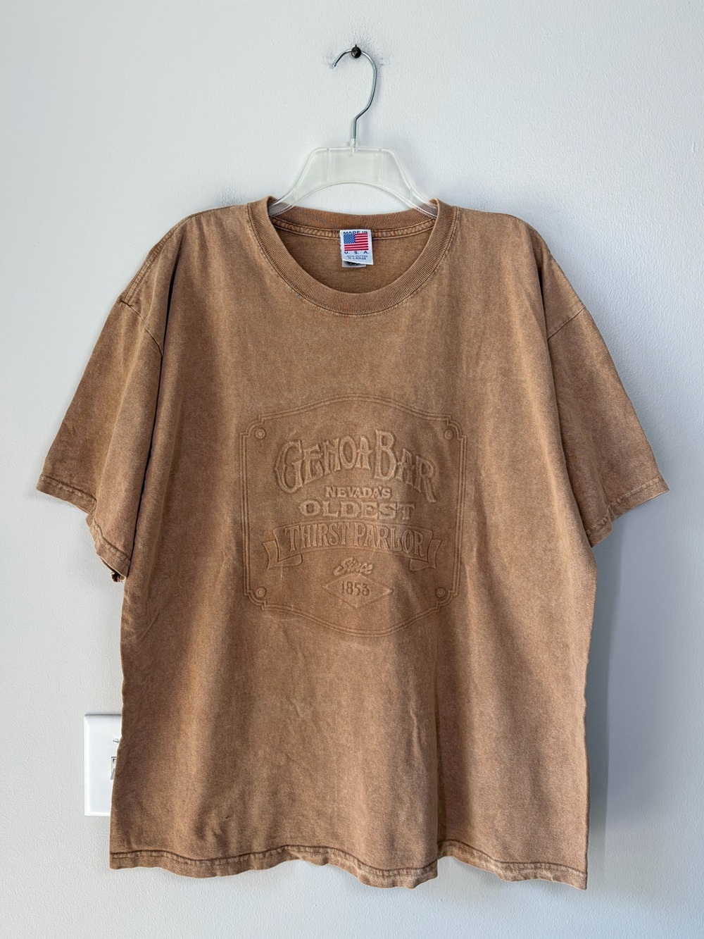 Vintage Nevada Genoa Bar Embossed T-Shirt with Faded Tan Wash 100% Cotton